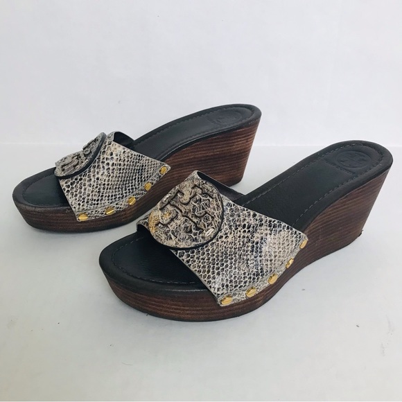Tory Burch Patti Snakeskin Leather Platform Wedge Slide Sandals Shoes Size 9 - Picture 2 of 10